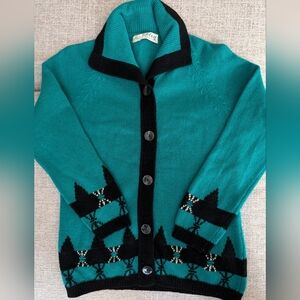 Vintage 1960's teal and black lambswool cardigan